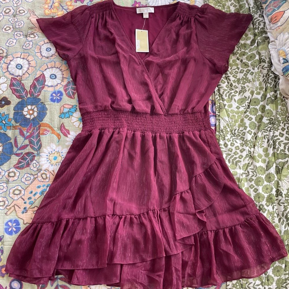 Michael Kors Burgundy Short Sleeve Faux Wrap Mini Dress SIZE XXL